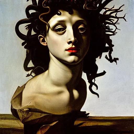 Prompt: Medusa by Caravaggio with face of Marjorie Taylor Greene