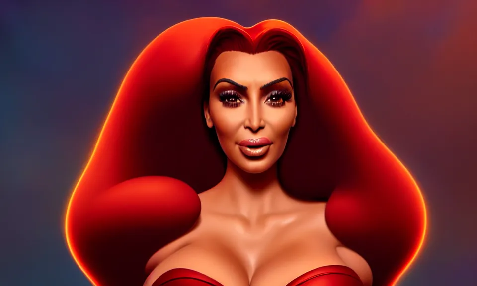 Image similar to epic professional digital art of kim kardashian as jessica rabbit in movie still from who framed roger rabbit, atmospheric lighting, foreboding, lignacio fernandez rios, mark ryden, iris van herpen, artstation, cgsociety, wlop