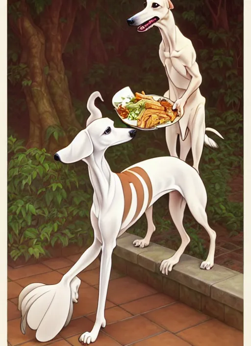 Image similar to white brown greyhound stealing food, natural lighting, path traced, highly detailed, high quality, digital painting, by don bluth and ross tran and studio ghibli and alphonse mucha, artgerm