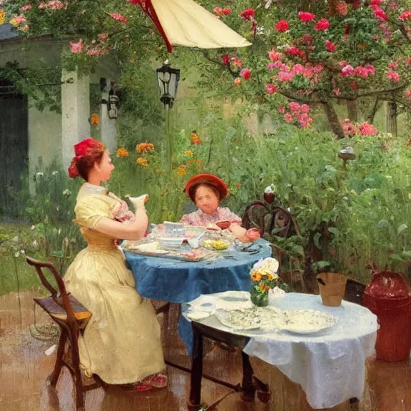 Image similar to a housewife and her daughter putting dishes on a table in the backyard, a tilted parasol sits above the table, a garden with colorful flowers in the background, rainy scene, cozy 1 9 5 0's, medium symmetry, by ilya repin, extreme detail, 8 k, intricate abstract, photorealistic