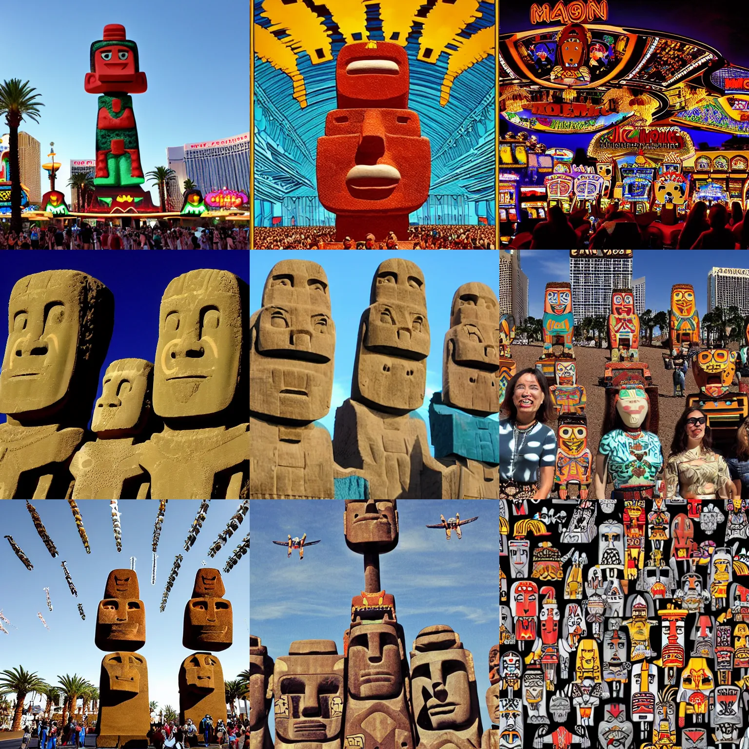 Prompt: legions of moai flying high in the air over las vegas casinos, in the style of jim woodring