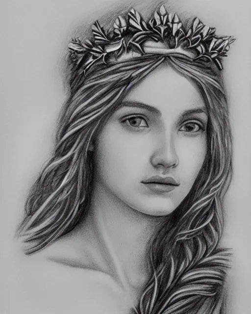 Image similar to pencil drawing of a beautiful greek goddess aphrodite wearing a laurel wreath and arrowhead earrings, beautiful and confident eyes, beautiful flowing hair, hyper realistic face, fantasy, amazing detail, epic, elegant, smooth, sharp focus, from the front, long shot