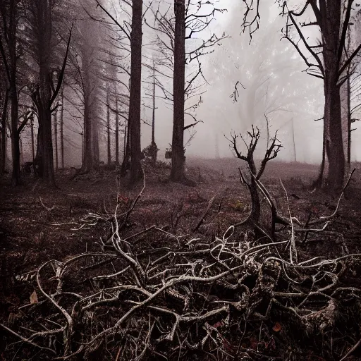 Image similar to realistic album cover of a black metal band with a very large dead oak tree that is flaming, standing far in front of a dark forest, the weather is clear but there is some fog full colour