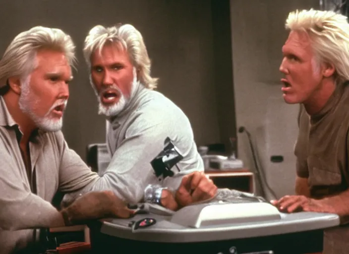 Prompt: film still of Kenny Rogers and Gary Busey yelling at a computer in the new You've Got Mail movie, 4k