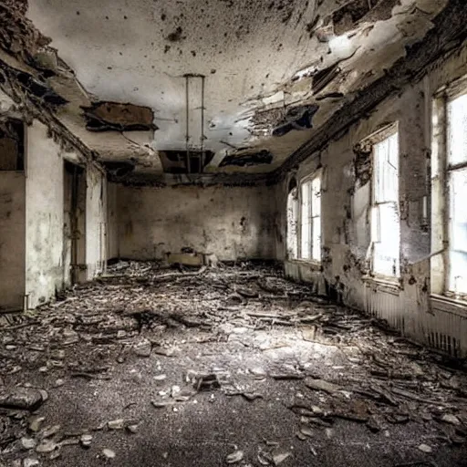 Prompt: the inside of an abandoned hospital, skeleton heads on the floor of the ruined hospital, realistic lighting