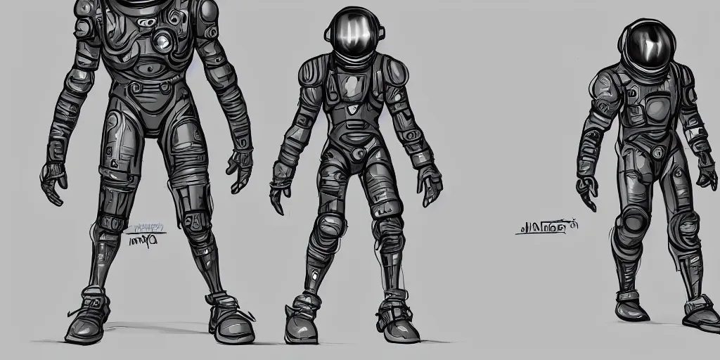 Image similar to male, fully body, science fiction space suit with a helmet, large shoulders, short torso, long thin legs, tiny feet, character sheet, funko, digital sketch, hyperdetailed, dieselpunk, stylized character design, concept design