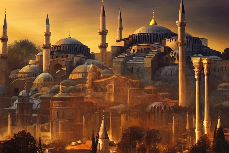 Image similar to historicaly accurate medieval istanbul and hagia sophia scenery landscape, lord of the rings,, rule of thirds, sunset, highly detailed, perfect lighting, perfect composition, 4 k, artgerm, derek zabrocki, greg rutkowski