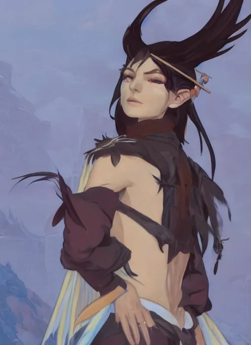 Image similar to concept art painting of an androgynous harpy person with black feathers, pirate clothes, detailed, realistic, cel shaded, in the style of makoto shinkai and james gurney and alphonse mucha and greg rutkowski and artgerm