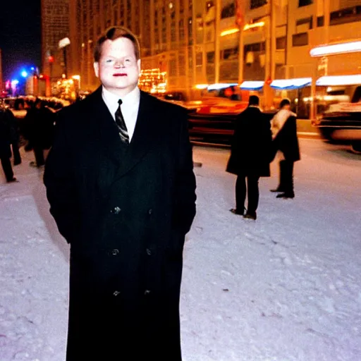 Image similar to 1 9 9 8 andy richter wearing a black wool coat and necktie standing on the streets of chicago at night in winter, dynamic lighting, holiday season.