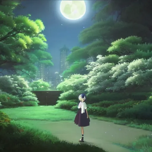 Prompt: a secret garden at night, moon, by makoto shinkai