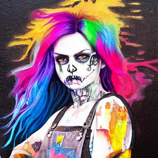 Prompt: full body pose, mixed media painting of a grungy skull woman with rainbow hair, soft eyes and narrow chin, dainty figure, torn overalls, short shorts, combat boots, side boob, wet tshirt, wet, raining portrait, extremely hyper - detailed, intricate, epic composition, very detailed, masterpiece, stunning,
