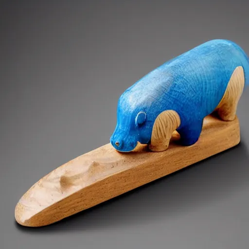 Image similar to a small smooth hippo statue carved from natural wood, dipped in polished blue ceramic, half and half, mixed media, side view