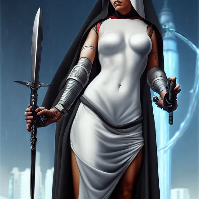 Image similar to cyberpunk nun warrior artgerm anne stokes highly detailed 8 k hdr smooth sharp focus high resolution award - winning photo photorealistic