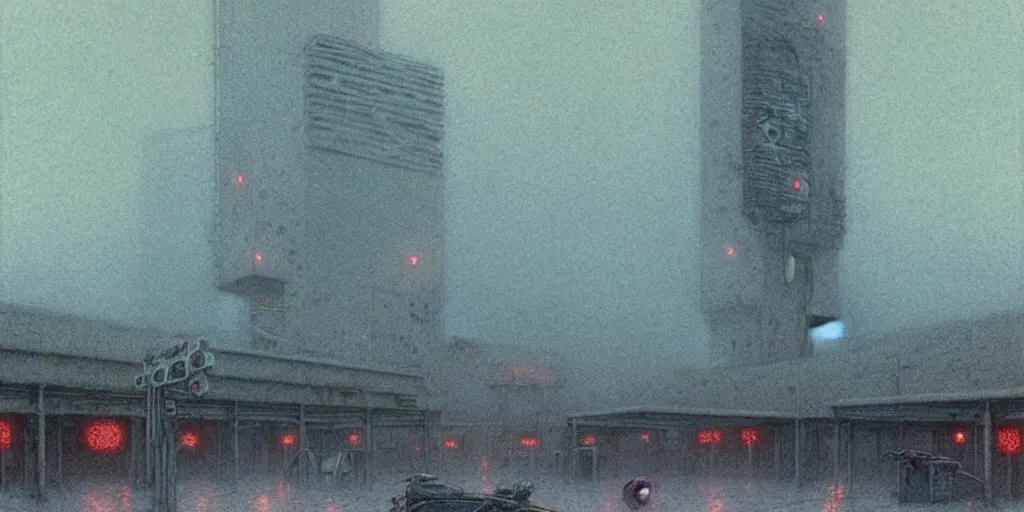 Image similar to grainy risograph matte painting of gigantic huge mech covered with wounds,, pastel matte colors, staying in the foggy huge parking station, by moebius, hyperrealism, intricate detailed