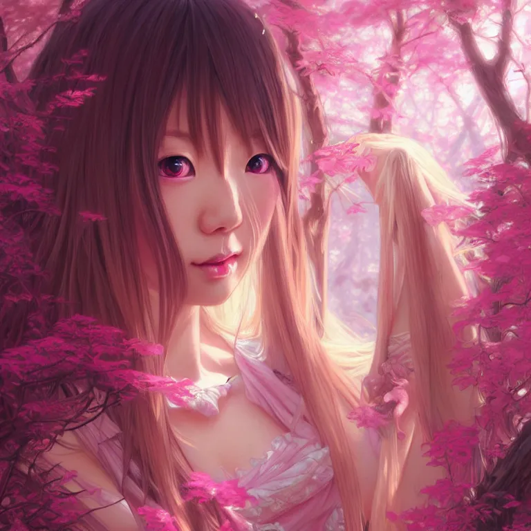 Prompt: Portrait of japanese gyaru, D&D, pink eyes, face, fantasy, intricate, elegant, in pink forest, highly detailed, digital painting, artstation, concept art, smooth, sharp focus, illustration, art by artgerm and greg rutkowski and alphonse mucha