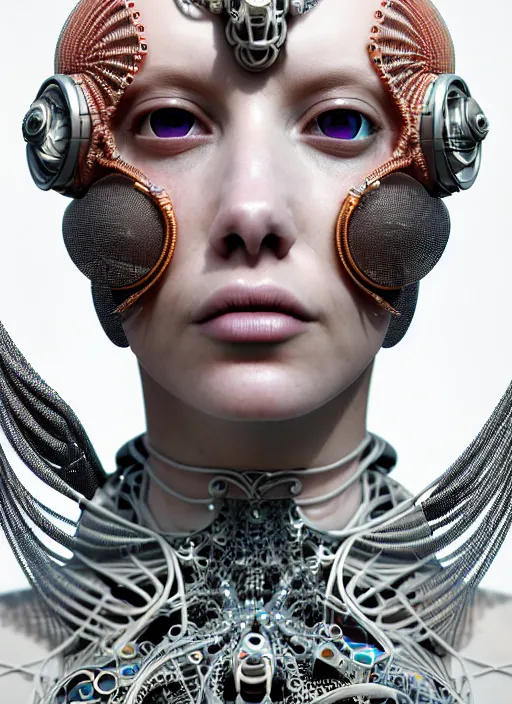 Prompt: portrait of an absurdly beautiful, graceful, sophisticated, fashionable cyberpunk mechanoid, hyperdetailed illustration by irakli nadar and alexandre ferra, intricate linework, white porcelain skin, faberge, coral headdress, octane render, gsociety, global illumination, radiant light, detailed and intricate environment