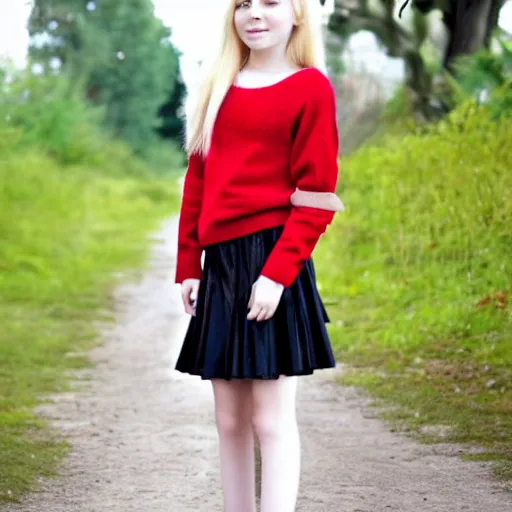 Image similar to of long blond hair teenage girl wearing red sweater with short black skirt and high heal shoes