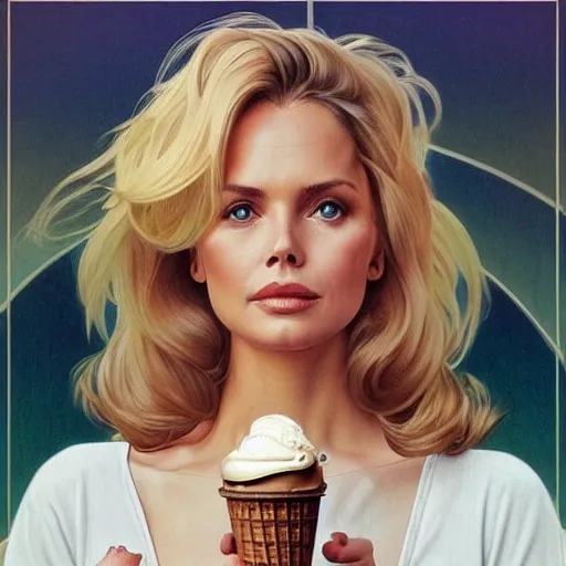 Image similar to portrait of a blonde fuller figured barbara bach from the bond film wearing dungarees and eating ice creams in porto, real life skin, intricate, elegant, highly detailed, artstation, concept art, smooth, sharp focus, art by artgerm and greg rutkowski and alphonse mucha