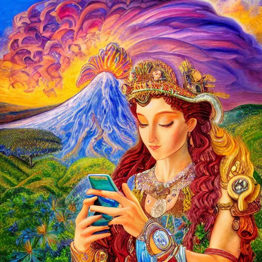 Prompt: a painting by josephine wall depicting a goddess riding a ram while checking her cell phone, erupting volcano and sunrise in distance in background, flowers in foreground, acrylic on canvas, intricately detailed, high resolution, trending on artstation