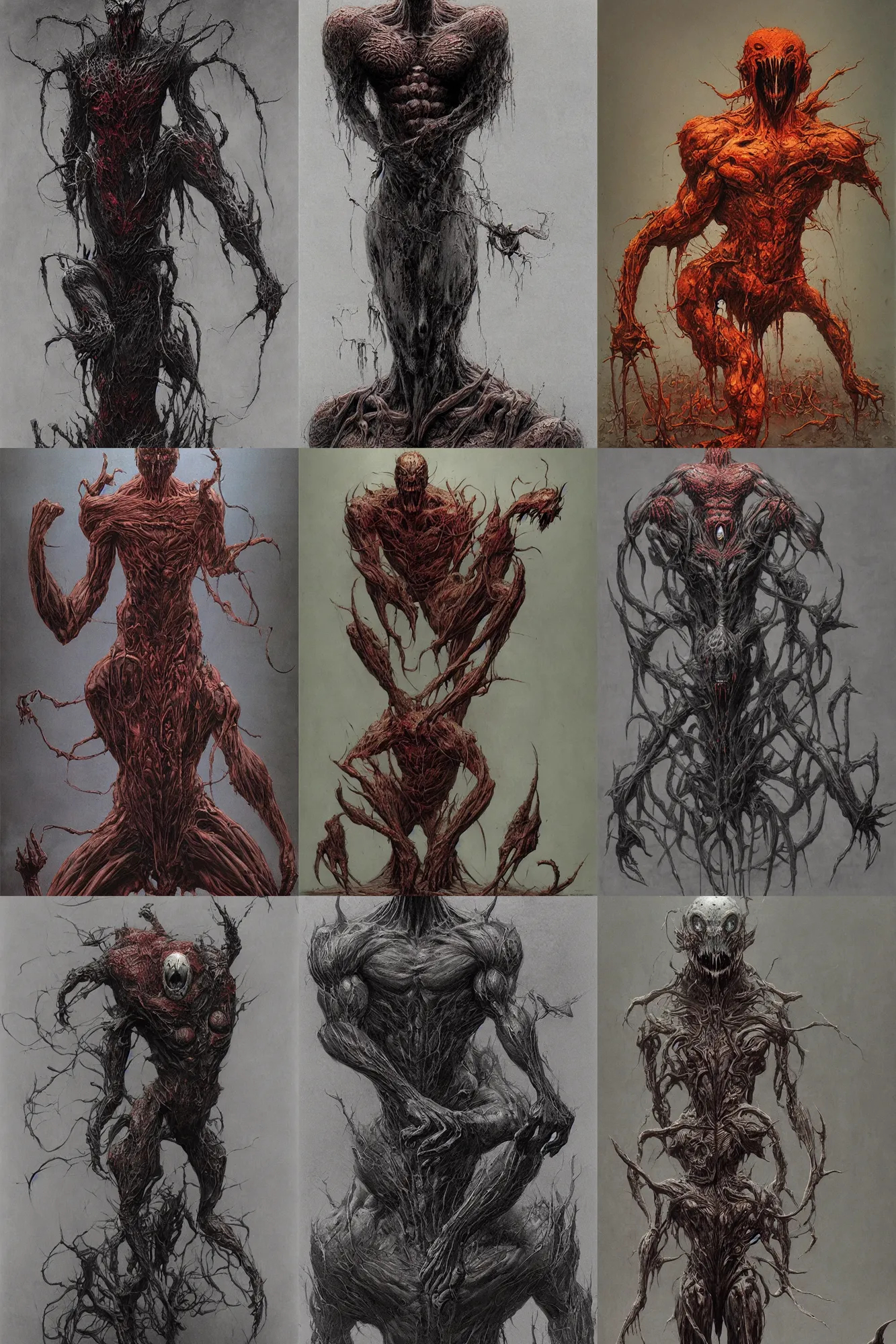Prompt: symmetrical venom full body character, muscular, highly detailed concept art, aggressive, by beksinski