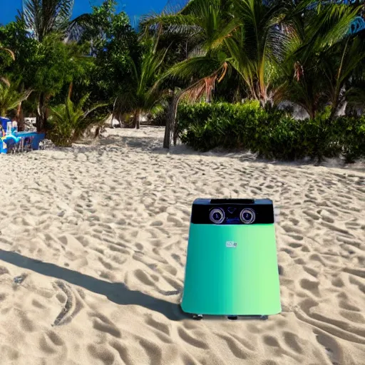 Prompt: Beach party with large speakers and CO2 cannon