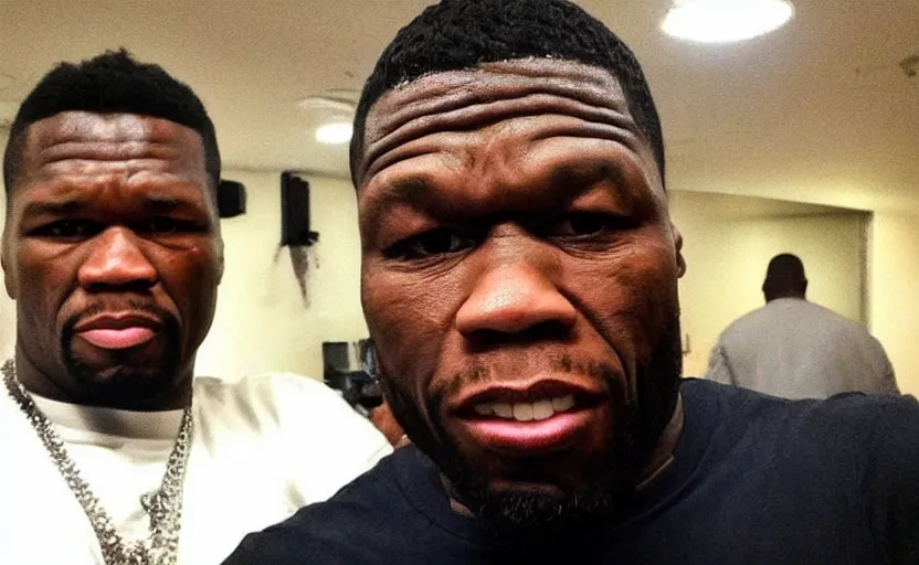 Image similar to my uncle look like 50 Cent if he was poor asf lmao, close-up, one person in frame, portrait, uncomfortable, funny, phone quality, camera flash on, viral photo, viral on instagram