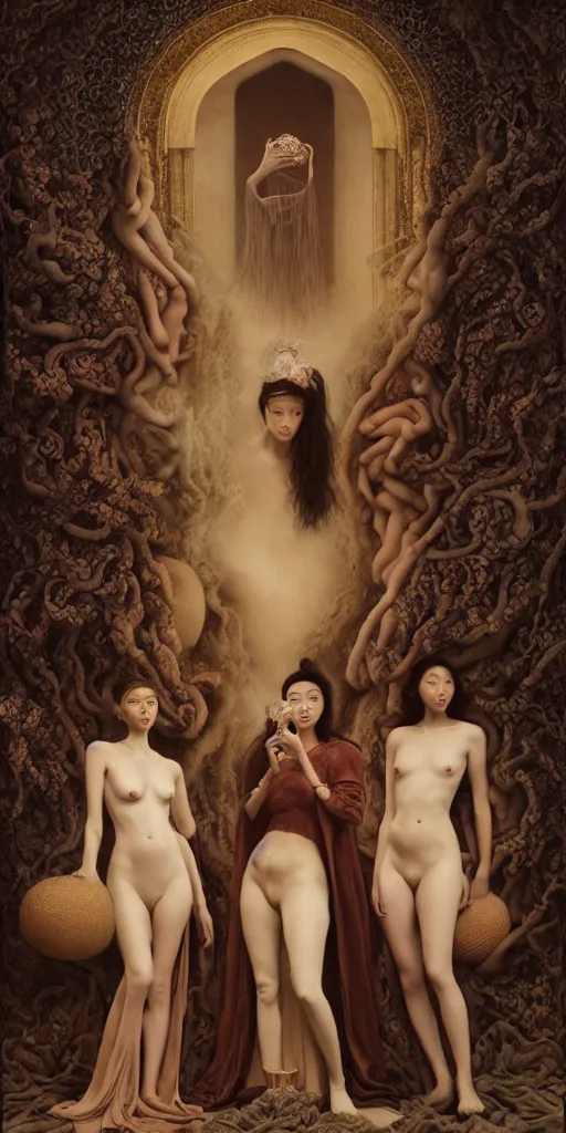 Prompt: the three fates, gemma chen, madison beer, angela sarafyan, pinup, intricate beautiful faces, surrealistic painting by agostino arrivabene, vanessa beecroft, anka zhuravleva, mary jane ansell, peter mohbacher, gerald brom