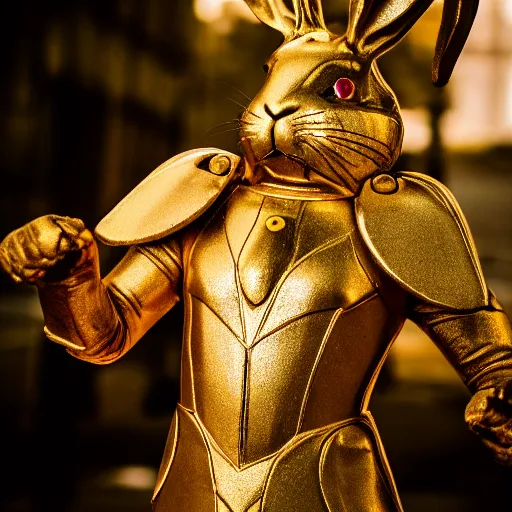 Prompt: a bunny in golden armor, zeiss lens, 5 0 mm, dynamic pose, action pose
