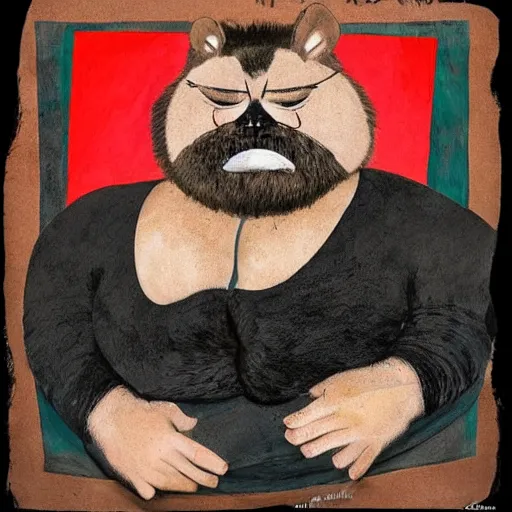 Image similar to portrait of a fat hairy wrestler with a dark furry jacket in the style of frida kahlo and robert rauschenberg