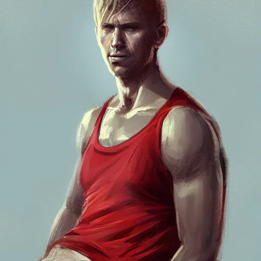 Image similar to Portrait of a man by Greg Rutkowski, he is about 30 years old, short blond hair, athletic and strong, straight jaw, wearing red tank top, older brother vibes, highly detailed portrait, digital painting, artstation, concept art, smooth, sharp foccus ilustration, Artstation HQ.