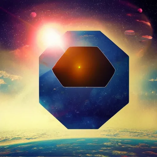 Image similar to hexagon floating above planet earth in front of the sun, trending on art station, retro futurism, photo realistic, perspective