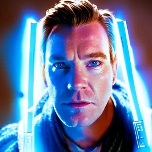 Image similar to film still of ewan mcgregor as a force ghost, star wars, blue ghost, transparent, epic lighting, highley detailled, kodak film