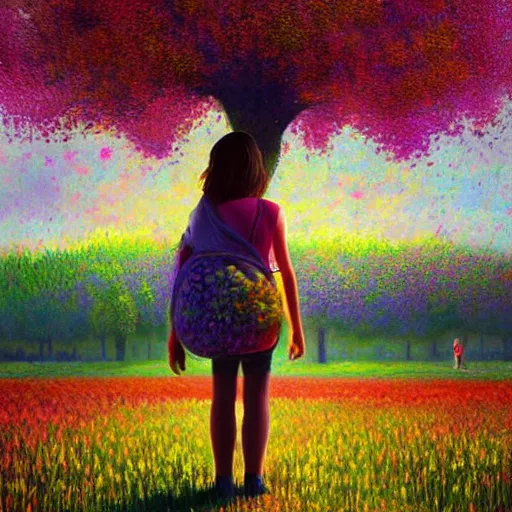 Image similar to girl with giant flower as a face, flower field, big trees, sunrise dramatic light, impressionist painting, colorful clouds, digital painting, pointillism, artstation, simon stalenhag