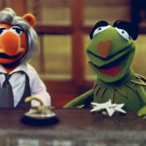 Image similar to trail cam footage unreleased still of the muppets in pulp fiction, photograph, detailed