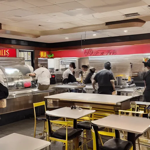 Image similar to busy wafflehouse interior with customers eating breakfast and wafflehouse employees serving food and cooking behind countertop