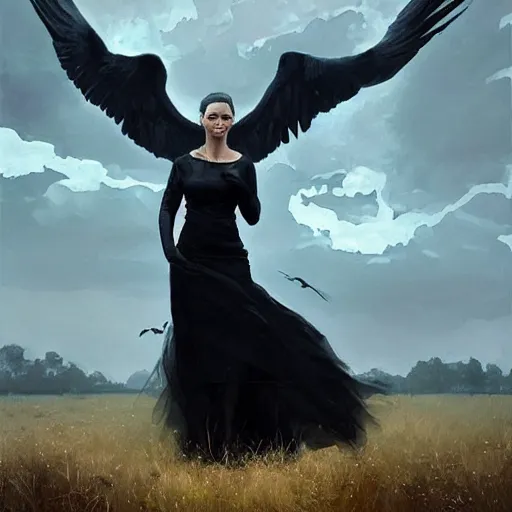 morning, a woman in a black dress with raven for a Stable Diffusion