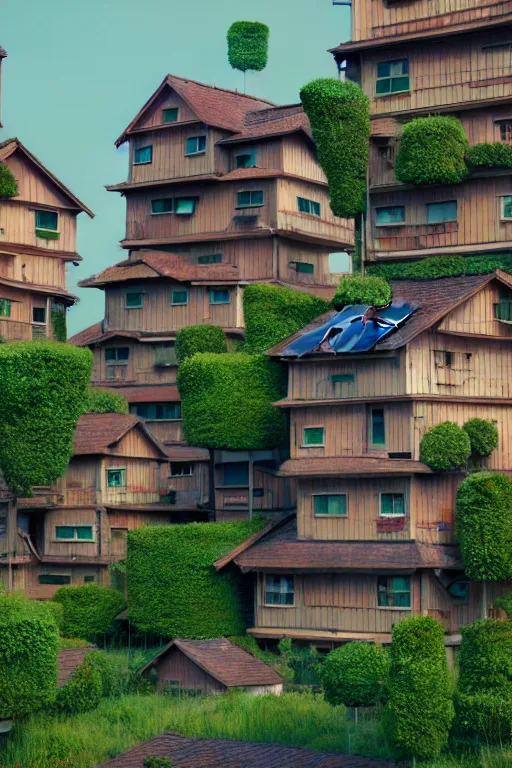 Image similar to stacked houses, solarpunk, francois schuiten, studio ghibli, octane render, 4 k