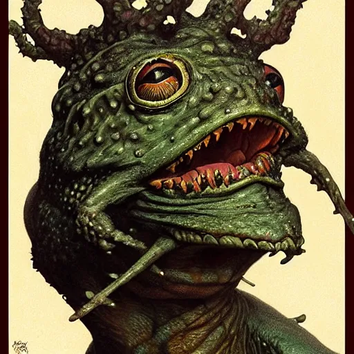 Prompt: head and shoulders portrait of a slaad anthropomorphic frog monster, d & d, fantasy, greg rutkowski, frank frazetta, alexandre chaudret, boris vallejo, michael whelan, miro petrov, hr giger, magali villeneuve, donato giancola