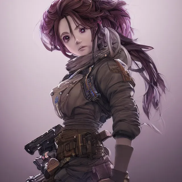 Image similar to the portrait of lawful neutral semi - colorful female infantry gunner as absurdly beautiful, gorgeous, elegant, young anime woman, an ultrafine hyperdetailed illustration by kim jung gi, irakli nadar, intricate linework, bright colors, octopath traveler, final fantasy, unreal engine 5 highly rendered, global illumination, radiant light, detailed and intricate environment