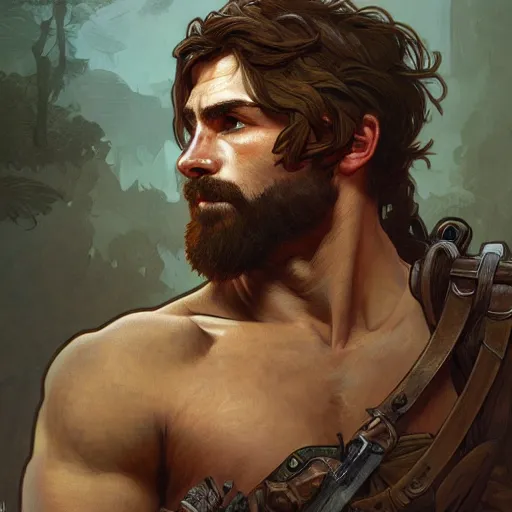 Image similar to portrait of a rugged ranger, muscular, upper body, hairy torso, D&D, fantasy, intricate, elegant, highly detailed, digital painting, artstation, concept art, smooth, sharp focus, illustration, art by alphonse mucha