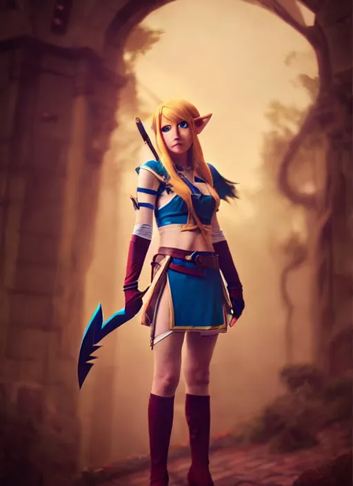 Image similar to female cosplayer wearing zelda cosplay. art by greg rutkowski, art by pascal blanche. crisp quality. digital photography. trending in deviantart.