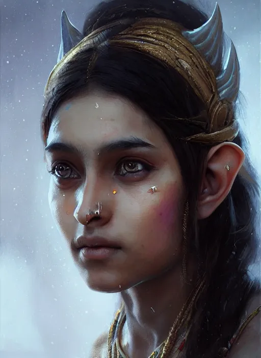 Image similar to Portrait of Indian girl with elven ears, realistic, detailed, 4k by Greg Rutkowski Mark Arian trending on artstation