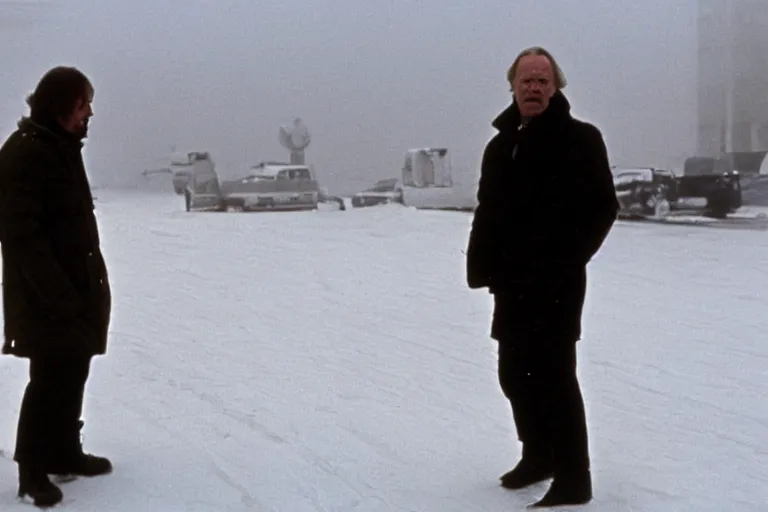 Image similar to Donald Tusk in a still from the movie The Thing (1982) directed by John Carpenter, cold outdoors