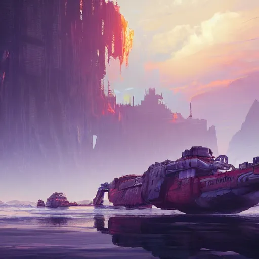 Prompt: soviet white cargo ship of horizon forbidden west horizon zero dawn bioluminiscence global illumination ray tracing hdr fanart arstation by ian pesty and alena aenami artworks