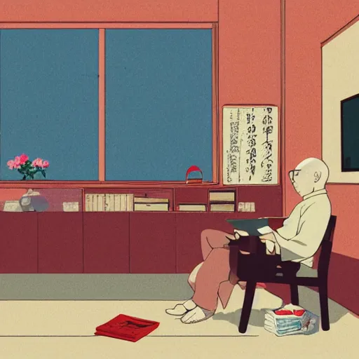 Image similar to old balding japanese man with white shirt, sitting on a chair and reading newspaper while looking at the ceiling of his room by studio ghibli, fujita goro, atey ghailan, tom whalen, jean giraud