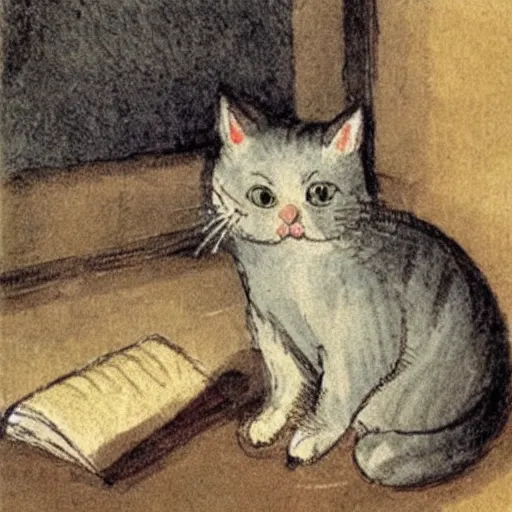 Image similar to Edward Ardizzone illustration of a cute cat