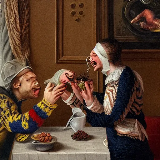 Prompt: An ugly sweater being licked by a lizard in a restaurant, Neoclassical painting, Highly Detailed, intricate, trending on art station, amazing artwork, sharp focus , 8k UHD