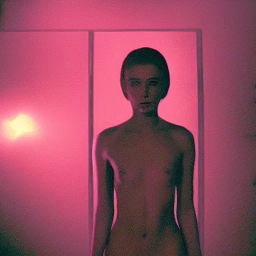 Image similar to movie still of the alien girl, cinematic composition, cinematic light, by david lynch and gaspar noe