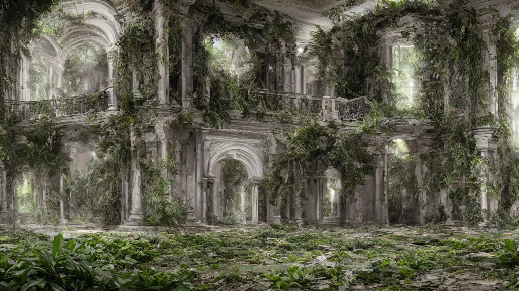 Prompt: abandoned overgrown grand library made from marble, becoming overgrown with plants, concept art, hyperrealistic, highly detailed, 4 k hd