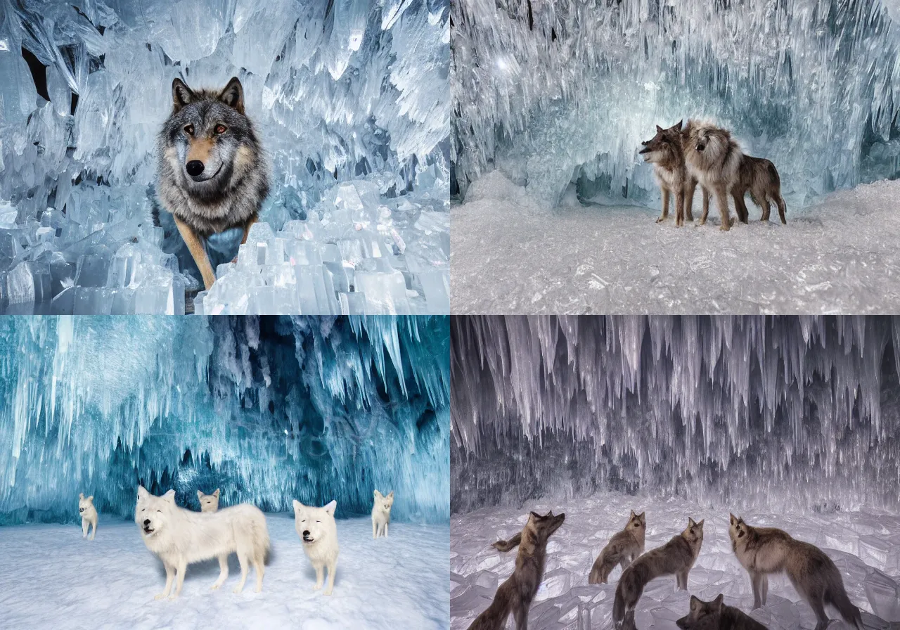 Prompt: surreal art wolves made of crystals in ice caves, 8 k, reflective, long exposure